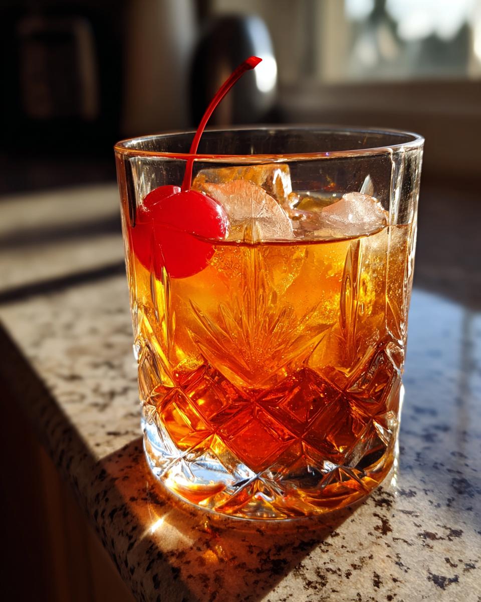 A classic Amaretto Sour cocktail served on the rocks in a crystal glass, garnished with a bright red cherry.