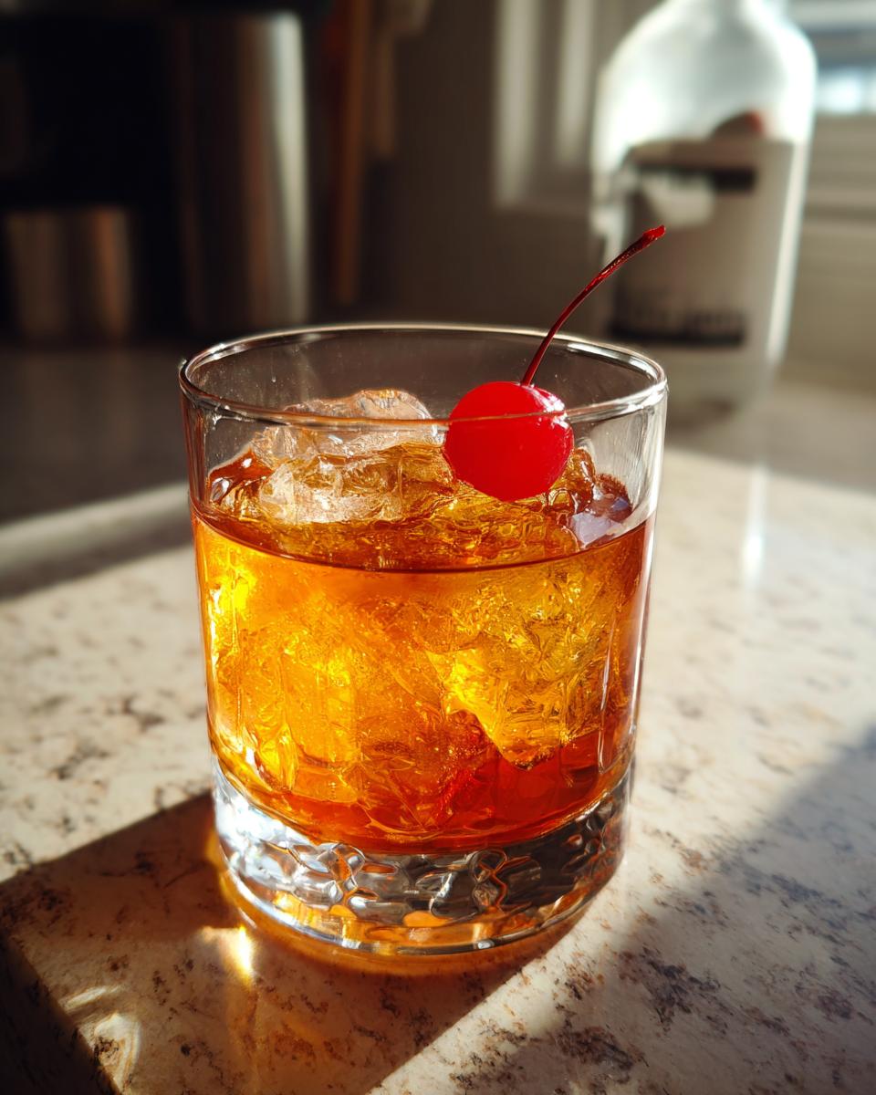 A classic Amaretto Sour cocktail served over ice in a rocks glass, garnished with a bright red maraschino cherry.
