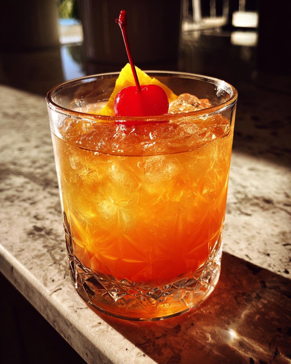 A classic Amaretto Sour cocktail in a rocks glass, filled with ice, garnished with an orange slice and a maraschino cherry.