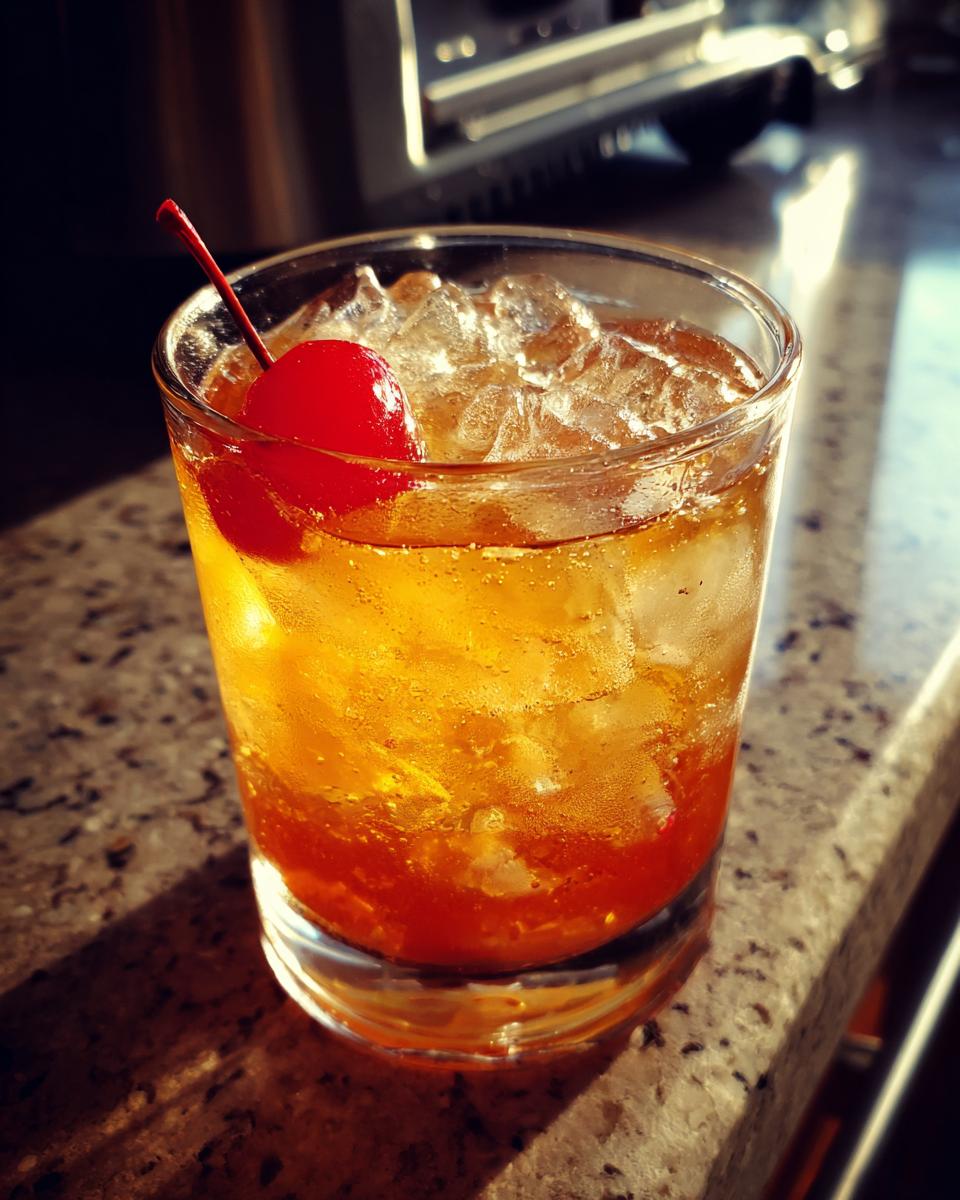A close-up of a classic Amaretto Sour cocktail served over ice and garnished with a bright red maraschino cherry.