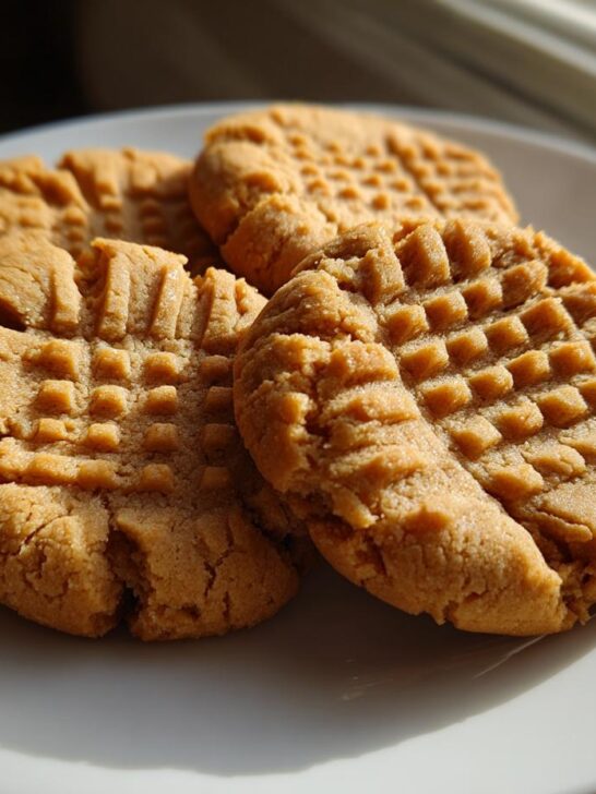 Four classic peanut butter cookies with a cross-hatch fork mark texture on a white plate.