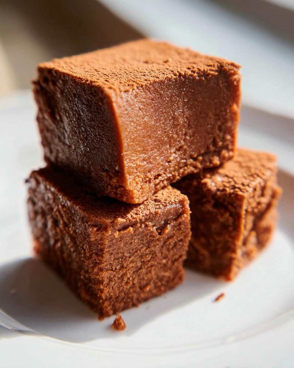 Three rich squares of homemade Brown Sugar Fudge dusted with cocoa powder, stacked on a white plate.
