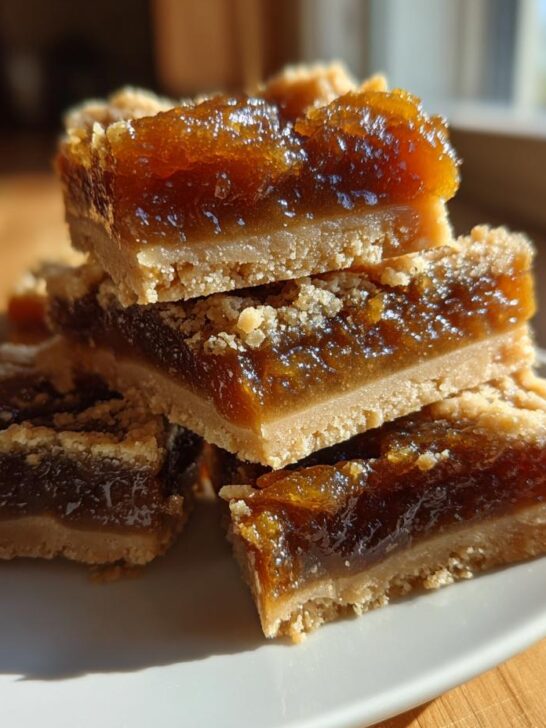 A stack of four rich, gooey Butter Tart Squares with a shortbread crust, illuminated by natural sunlight.