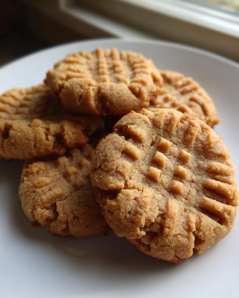 A stack of freshly baked Ingredient Peanut Butter Cookies featuring classic crisscross fork marks on a white plate.