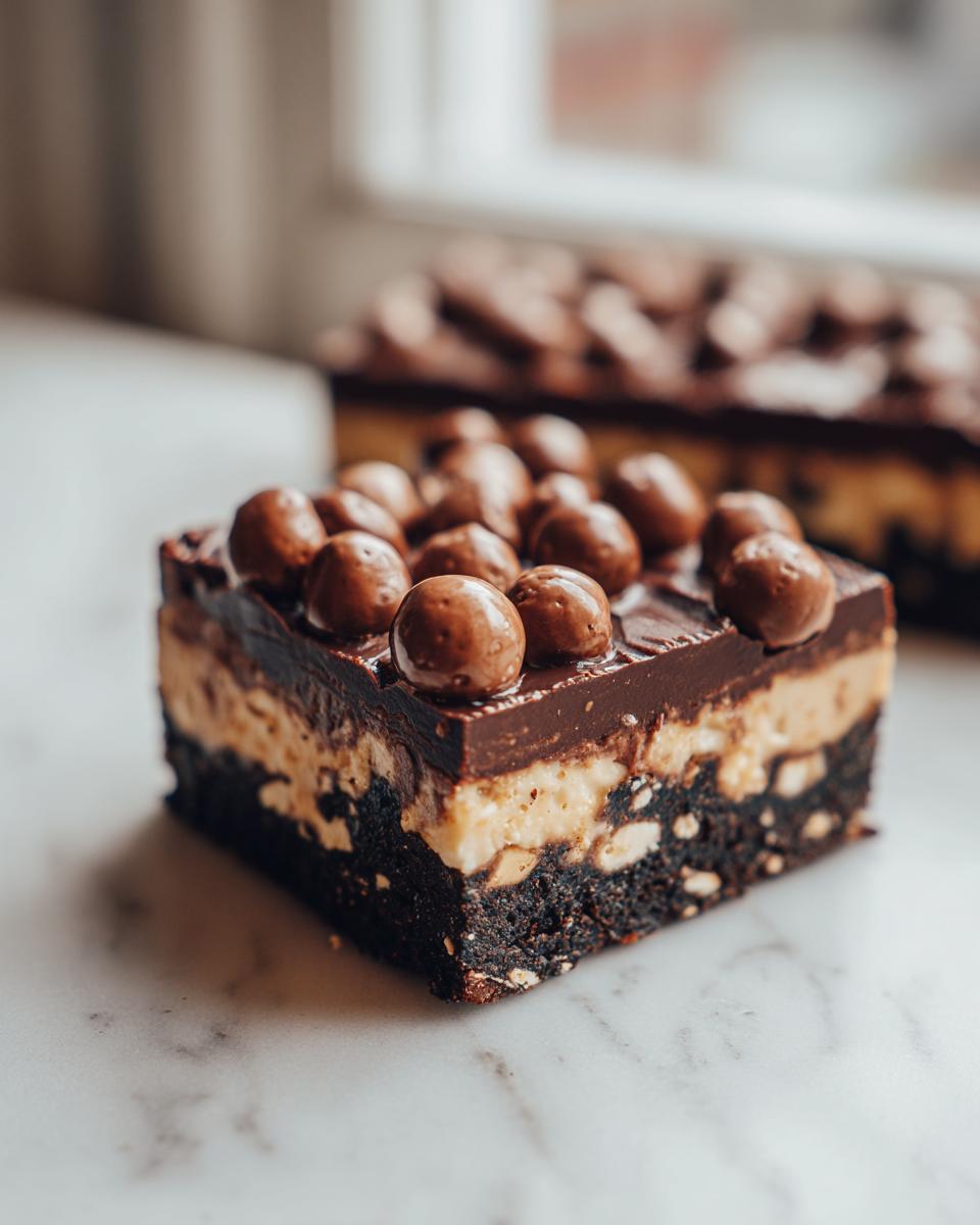A decadent square of Malteser Slice featuring a dark base, creamy filling, chocolate topping, and whole Maltesers.
