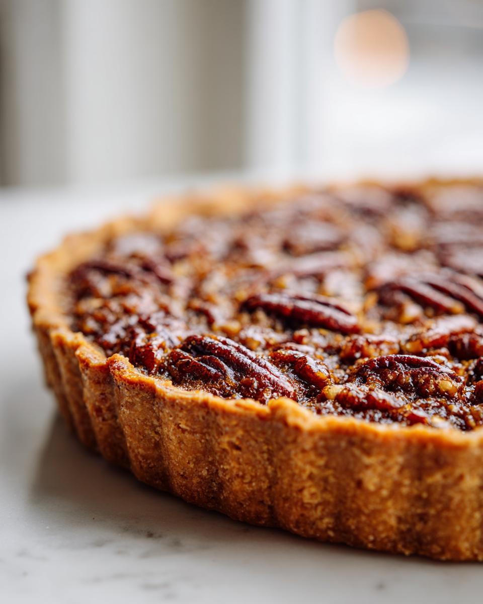 Close-up side view of a freshly baked Pecan Pie showing the golden, fluted crust and glossy pecan filling.