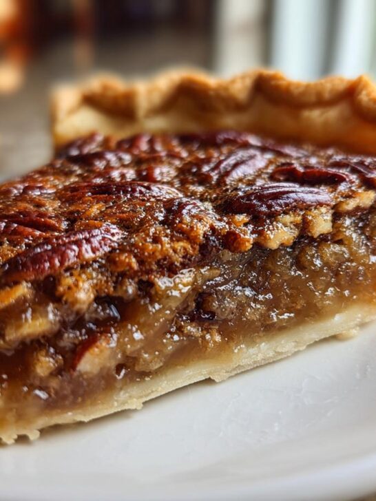 A glistening, rich slice of Pecan Pie with a flaky crust, served on a white plate.