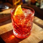 A close-up of an Ancient Mariner Cocktail in a glass, garnished with an orange slice and ice.
