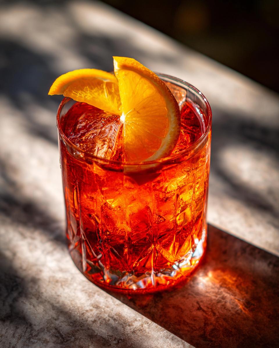 A close-up of a vibrant red Ancient Mariner Cocktail with two orange slices and ice, served in a faceted glass.
