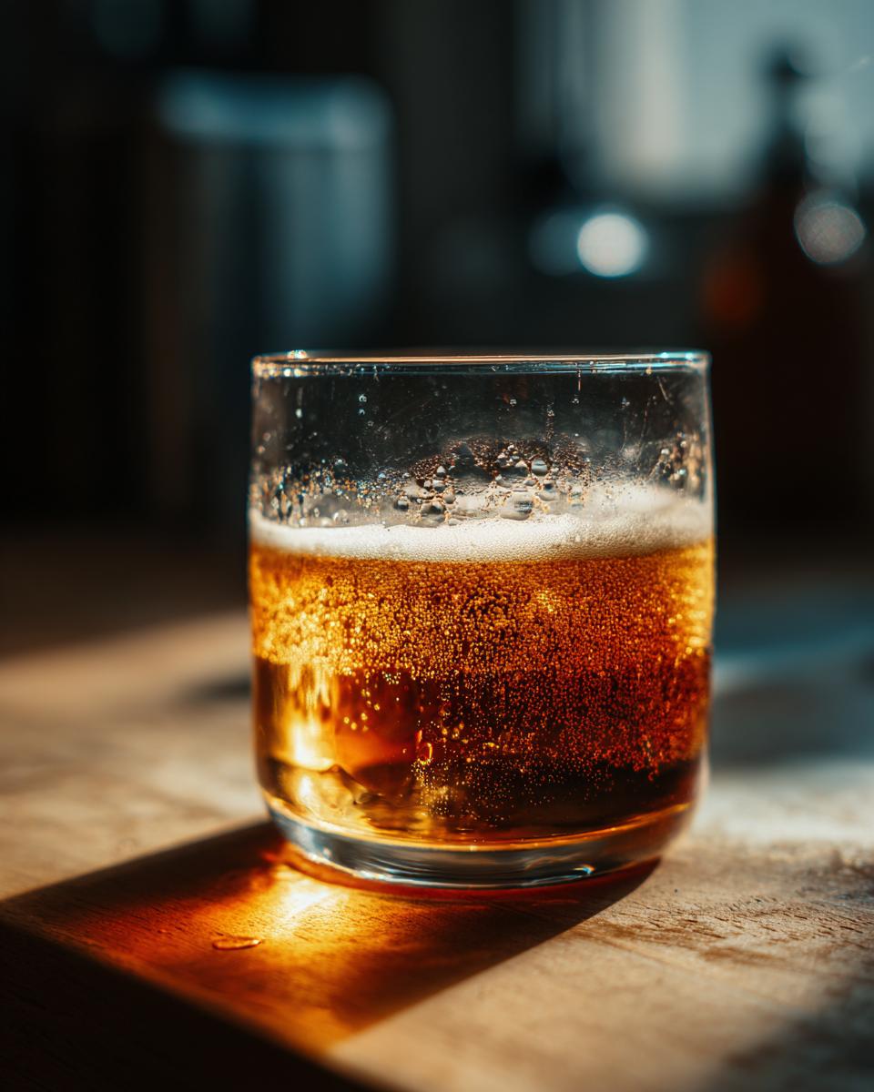 A close-up of a glass filled with a bubbly, amber-colored Ancient Mariner Cocktail, with ice and a foamy head.