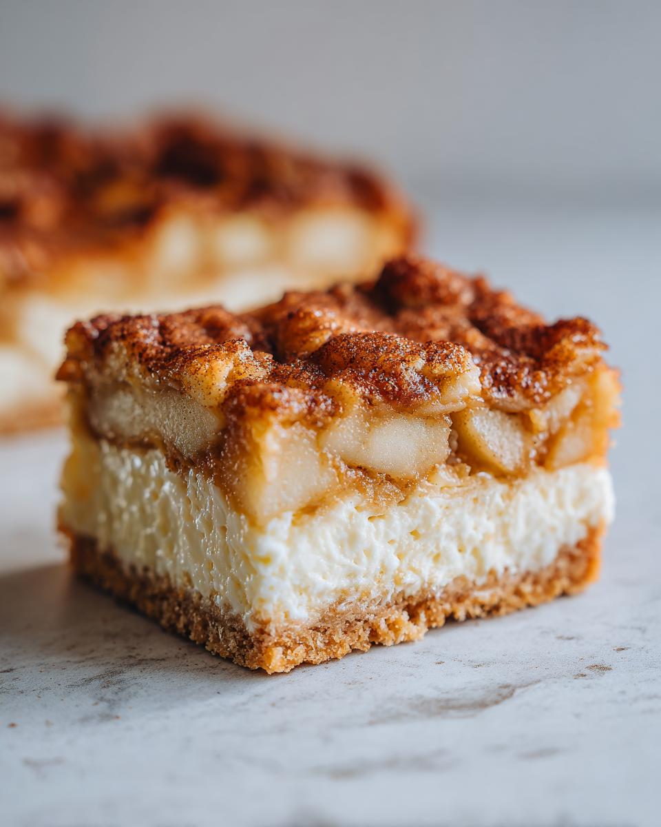 A single, thick square of Apple Cheesecake Bars showing a graham cracker crust, creamy cheesecake layer, and spiced apple topping.