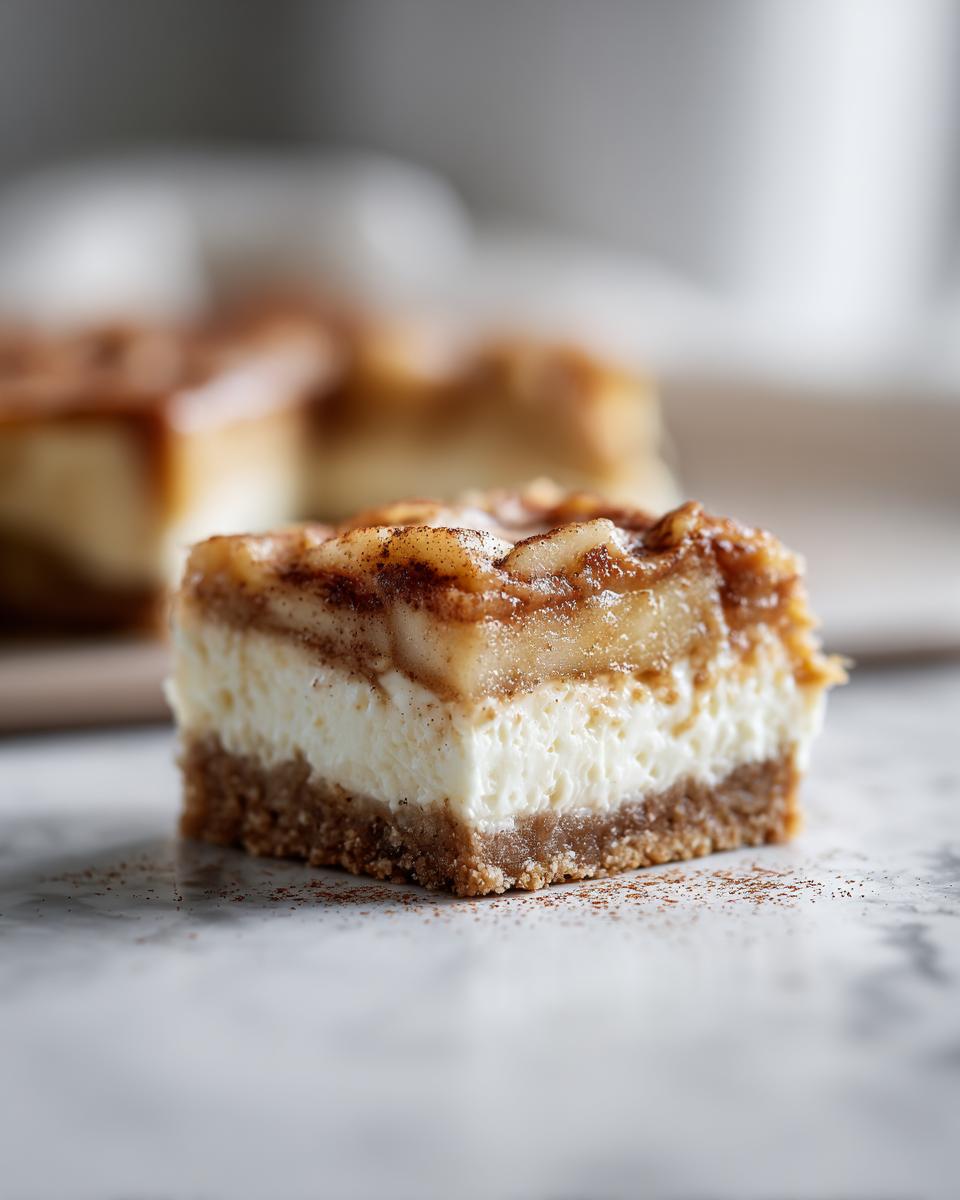 A single square of Apple Cheesecake Bars showing a graham cracker crust, creamy filling, and spiced apple topping.