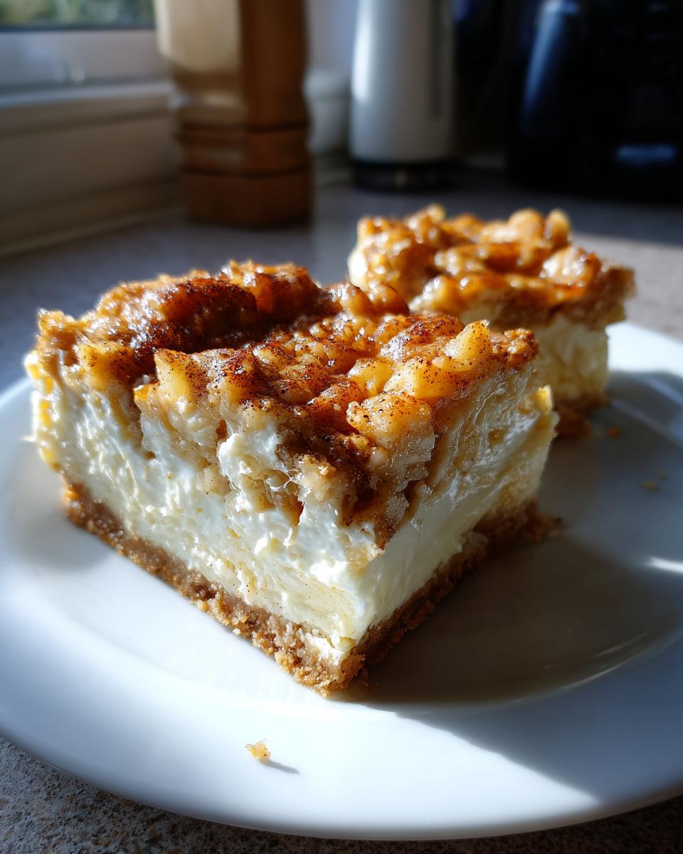 Two rich squares of Apple Cheesecake Bars featuring a thick creamy layer and a crumbly, spiced topping, served on a white plate.