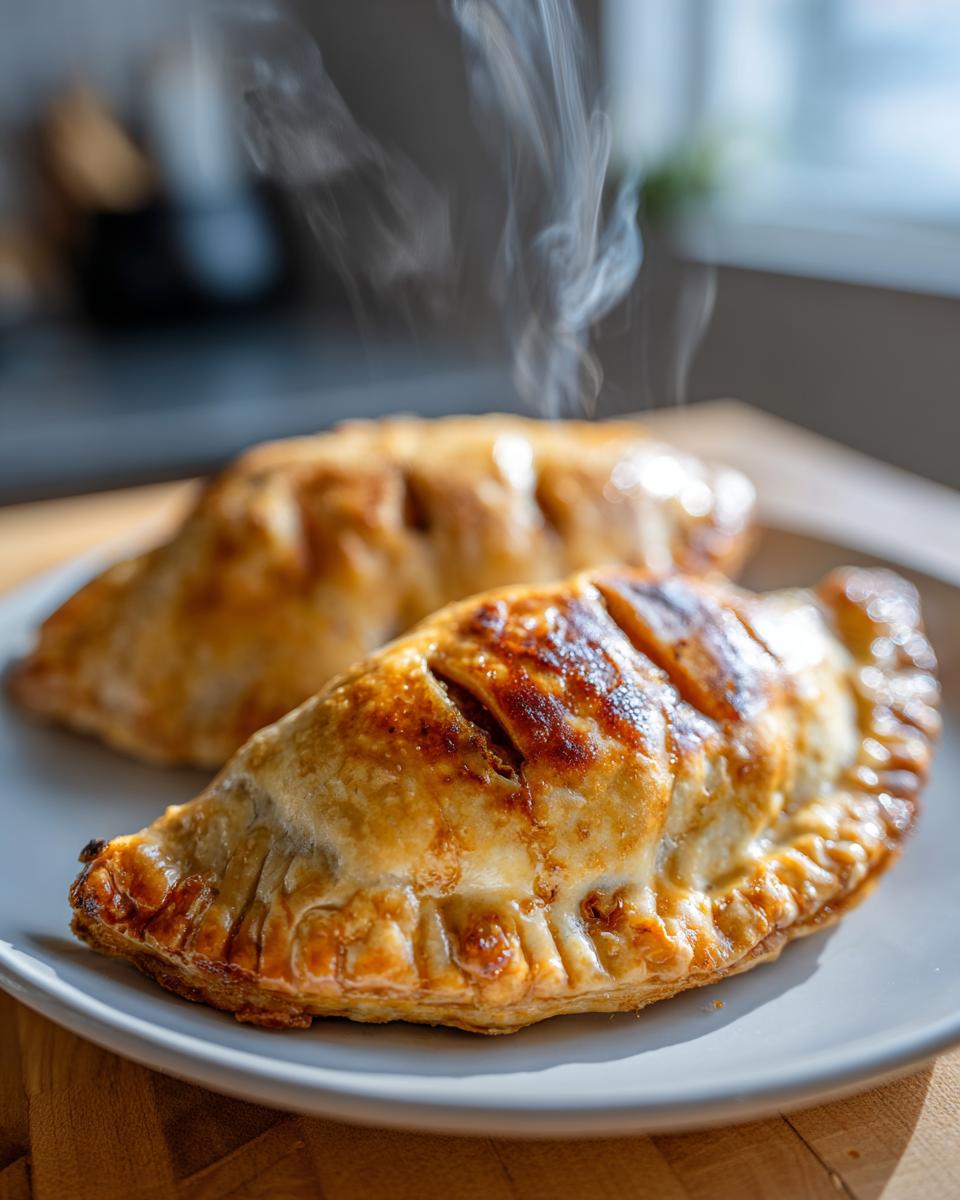 Close-up of two golden-brown, freshly baked apple hand pies on a plate, with steam rising from the one in the foreground.