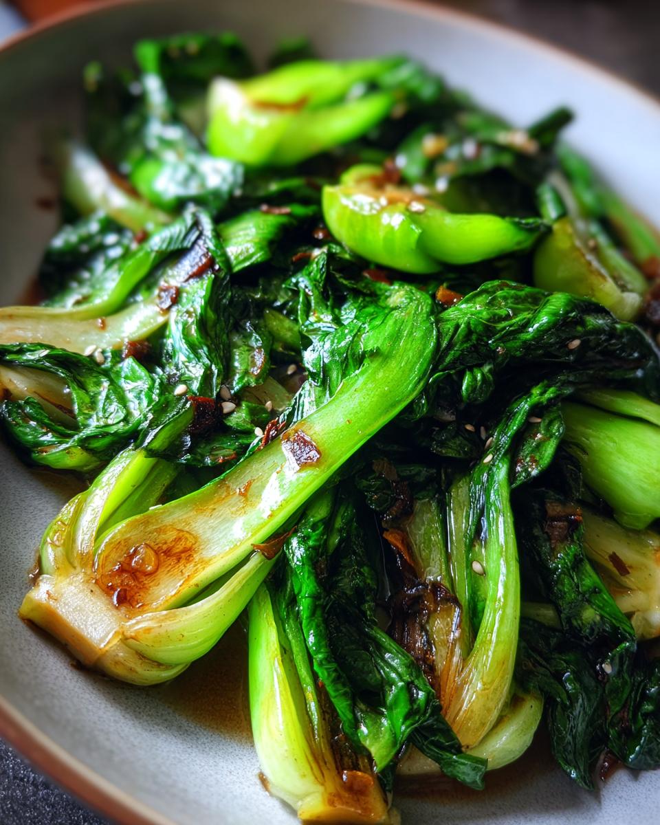 Close-up of a serving of tender, glazed baby bok choy with sesame seeds.