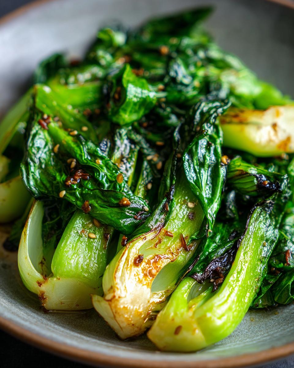 Close-up of a bowl filled with glistening, stir-fried baby bok choy, sprinkled with sesame seeds.