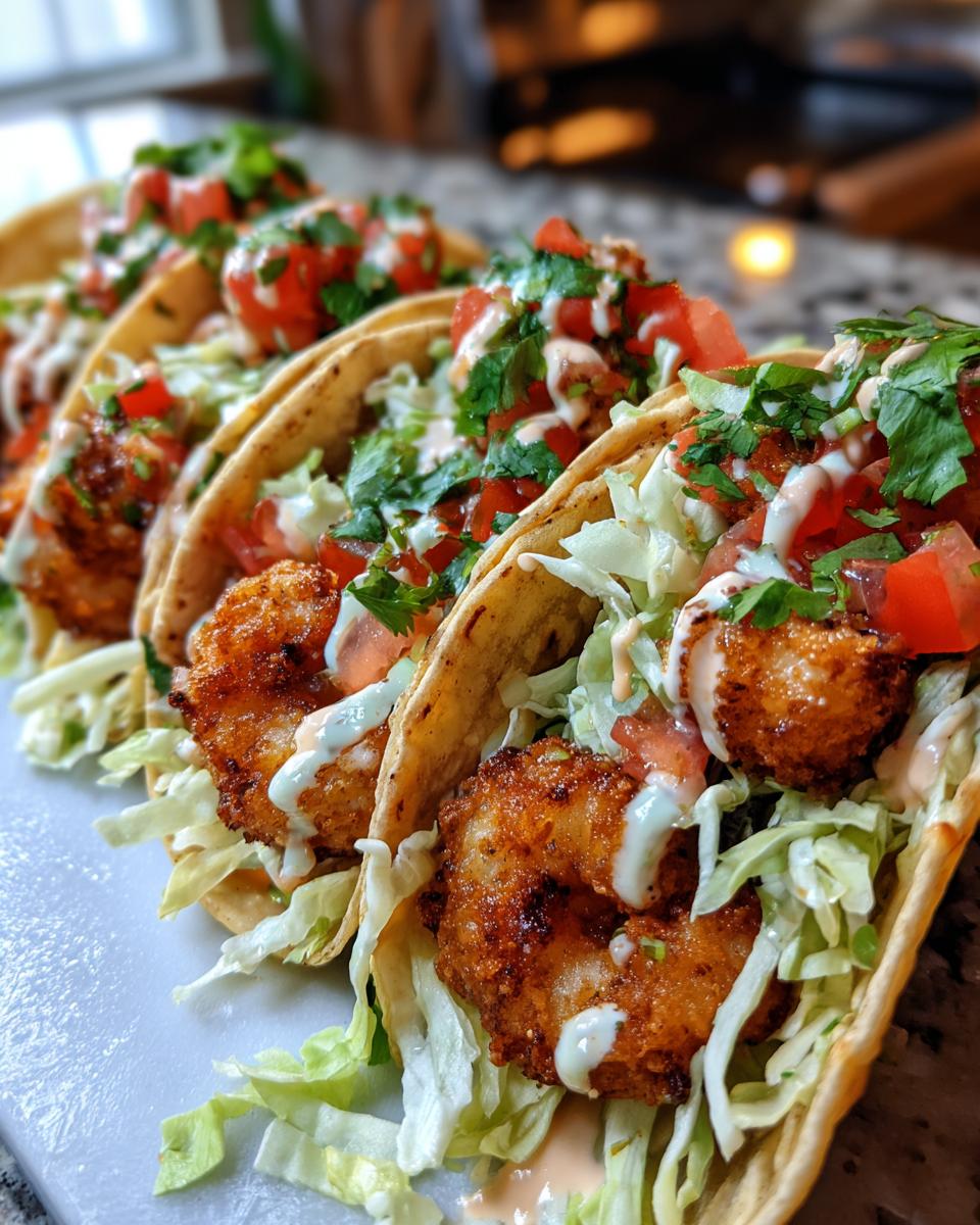Close-up of delicious Bang Bang Shrimp Tacos, featuring crispy shrimp, shredded lettuce, tomatoes, and a creamy sauce.