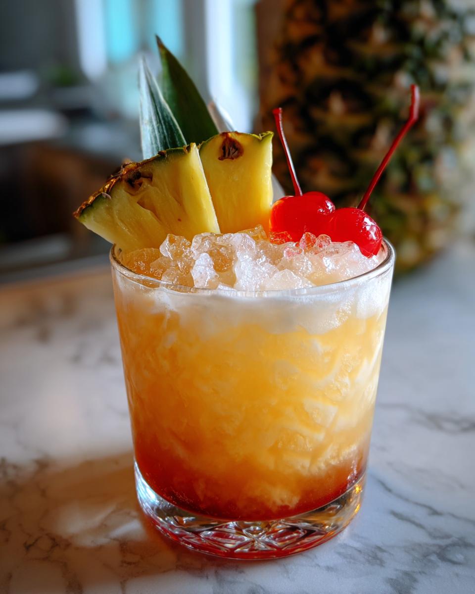 A refreshing nonalcoholic cocktail with pineapple chunks, cherries, and crushed ice, perfect for Bartenders Best Nonalcoholic Ingredients Cocktails.