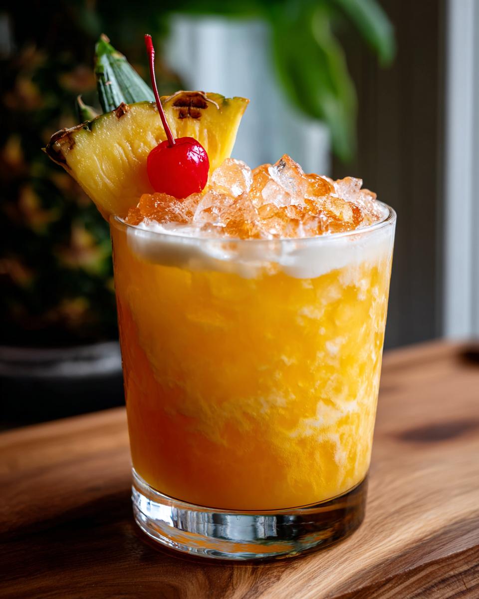 A vibrant orange Bartenders Best Nonalcoholic Ingredients Cocktail with crushed ice, topped with a pineapple wedge and maraschino cherry.