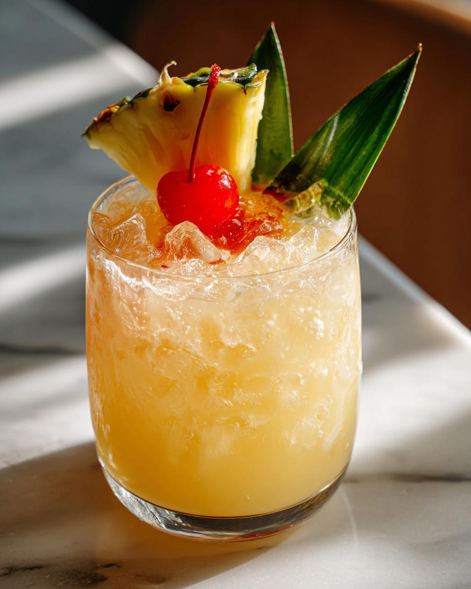 A refreshing Bartenders Best Nonalcoholic Cocktail with pineapple wedge, cherry, and pineapple leaves.