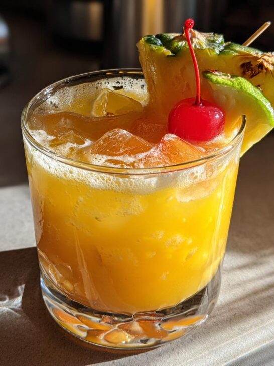 A refreshing Bartenders Best Nonalcoholic Ingredients Cocktail garnished with pineapple and a cherry.