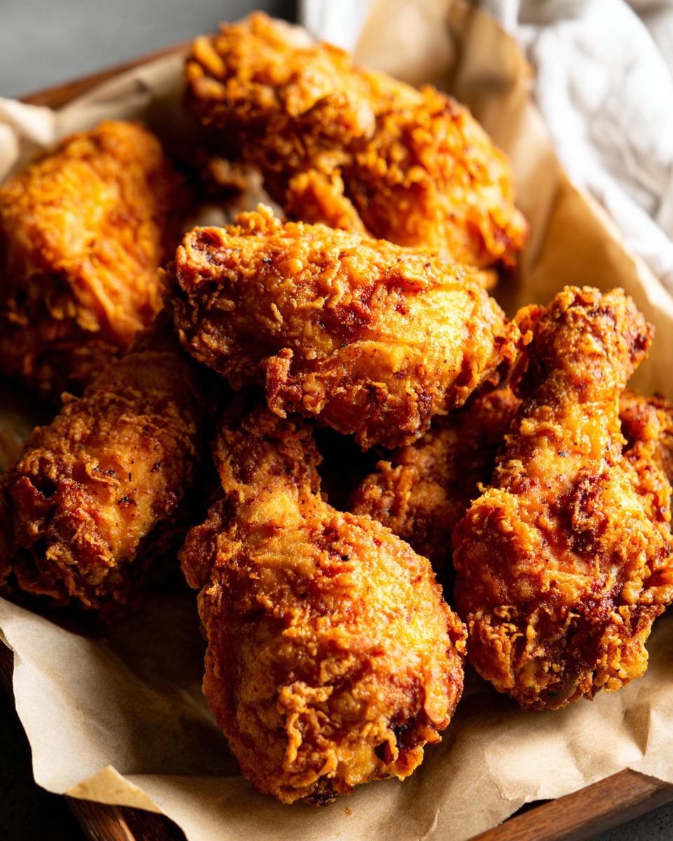 A close-up shot of golden-brown, crispy Beer Battered Fried Chicken pieces served on brown paper.