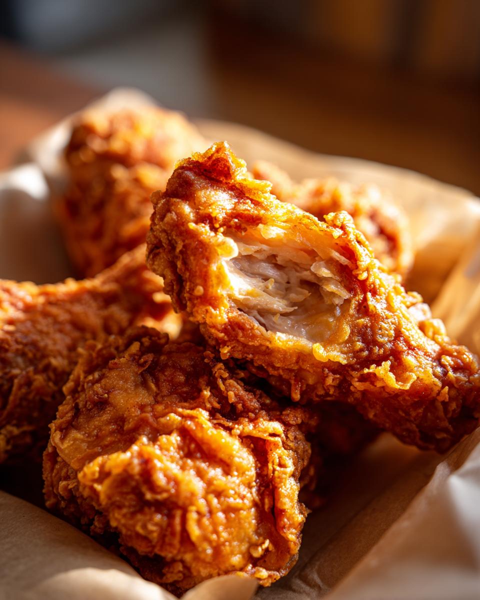 Close-up of golden-brown, crispy Beer Battered Fried Chicken pieces with a juicy interior.
