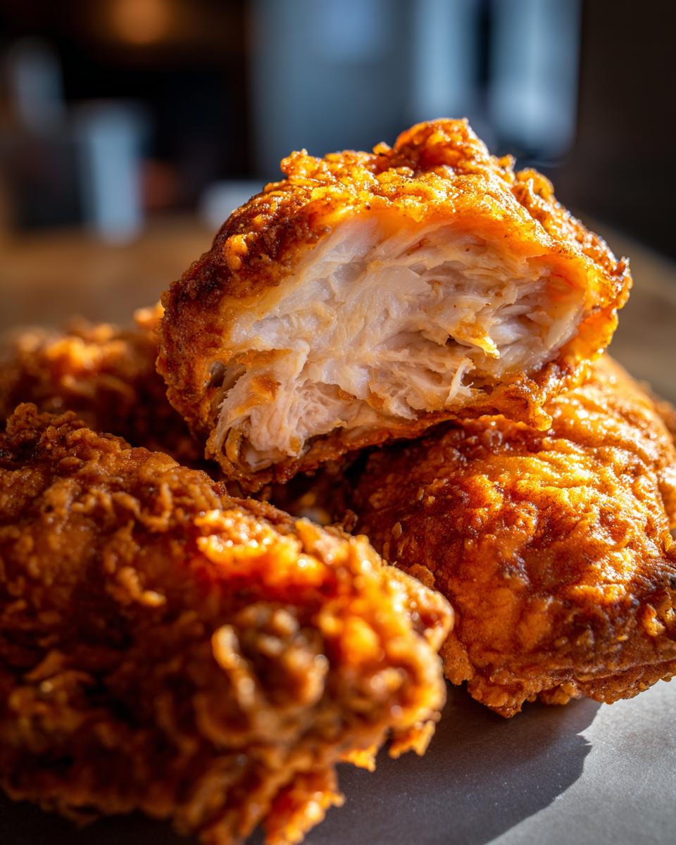 A close-up shot of a piece of juicy Beer Battered Fried Chicken, showing the crispy golden-brown coating and tender white meat inside.