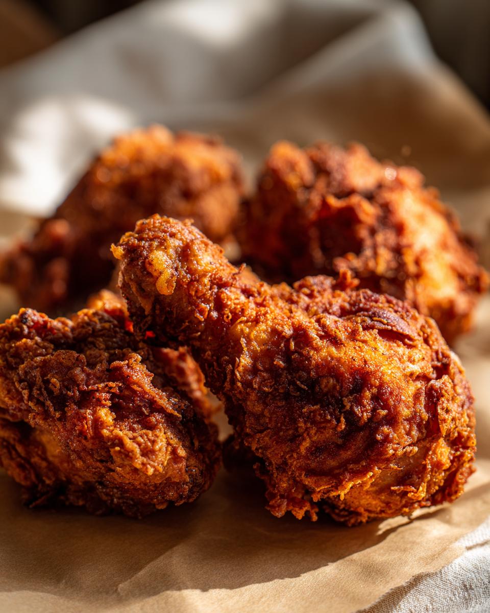 Close-up of golden-brown, crispy Beer Battered Fried Chicken pieces on parchment paper.