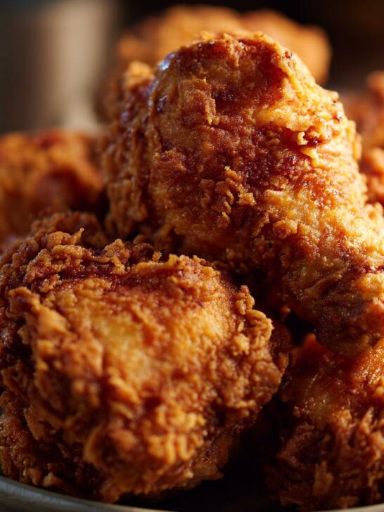 A close-up of a pile of golden-brown, crispy Beer Battered Fried Chicken pieces on a plate.