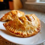 Close-up of two golden-brown baked Best Apple Hand Pies on a white plate, showcasing flaky crust and apple filling.