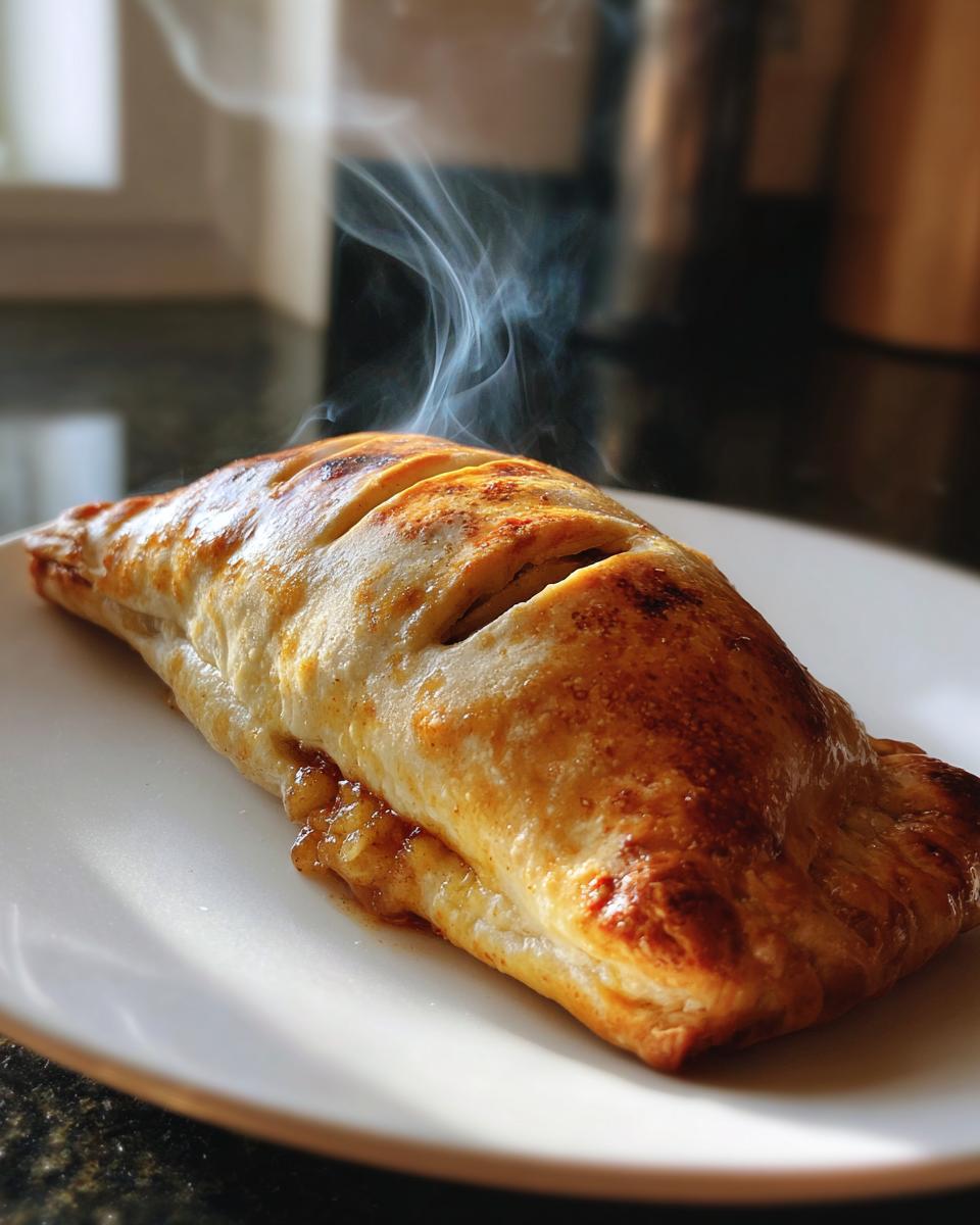A close-up of a golden-brown, freshly baked apple hand pie, with steam gently rising from the top slits.