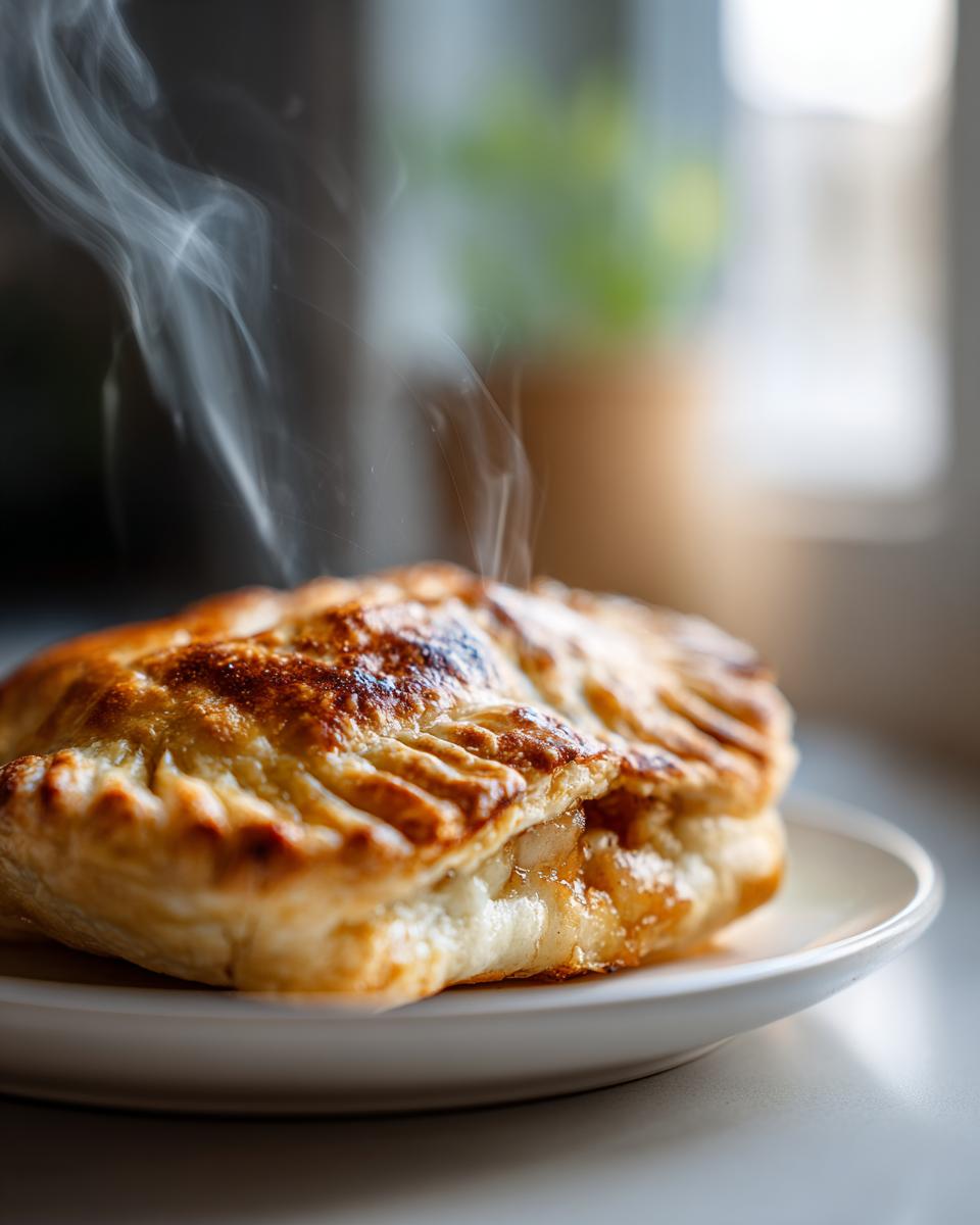 Close-up of a golden-brown, flaky pastry of a best apple hand pie, with steam rising from the filling.