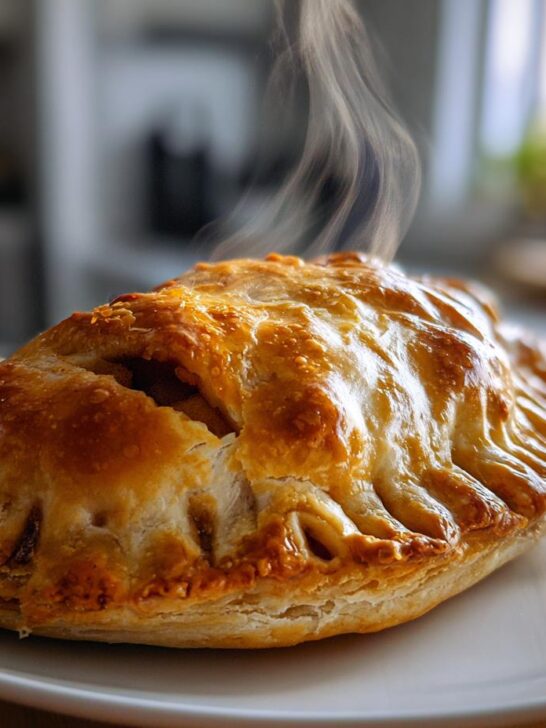 A close-up of a golden-brown baked apple hand pie, with steam rising from a small opening in the crust.