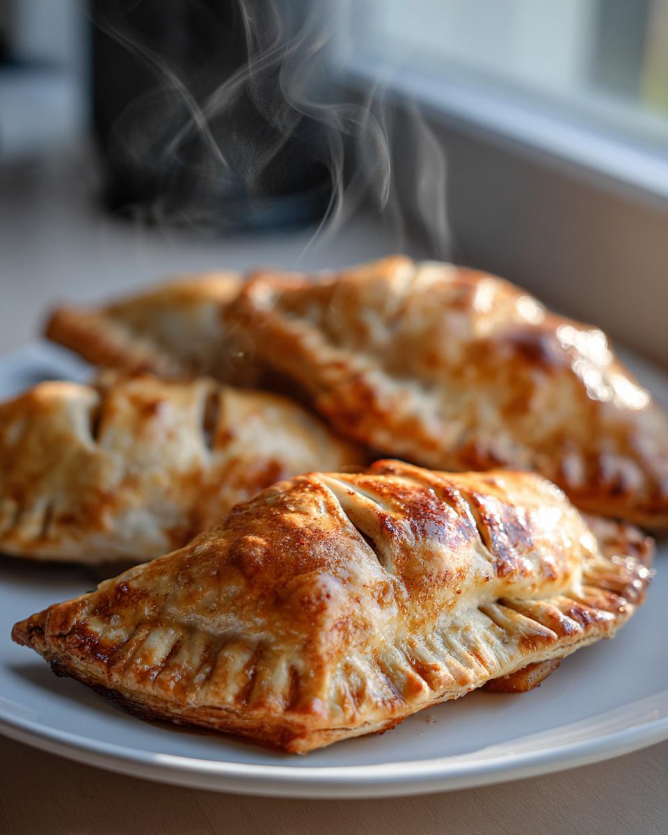 Close-up of golden-brown apple hand pies on a white plate, with steam rising from the top pie.