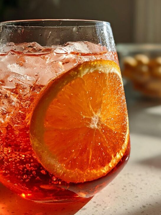 A vibrant red Campari cocktail with ice and a fresh orange slice, perfect for Best Campari Cocktails.