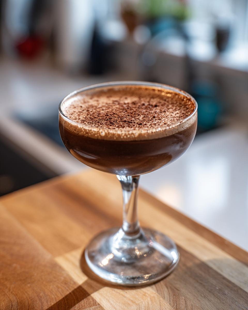 A close-up of a rich, dark chocolate cocktail in a coupe glass, dusted with cocoa powder.
