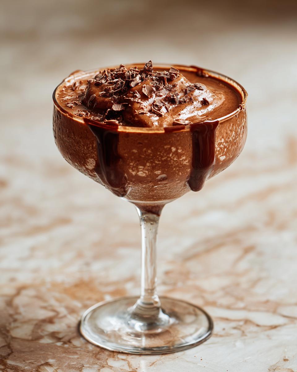 A close-up of a rich, decadent chocolate cocktail topped with chocolate shavings and drizzled with chocolate sauce.