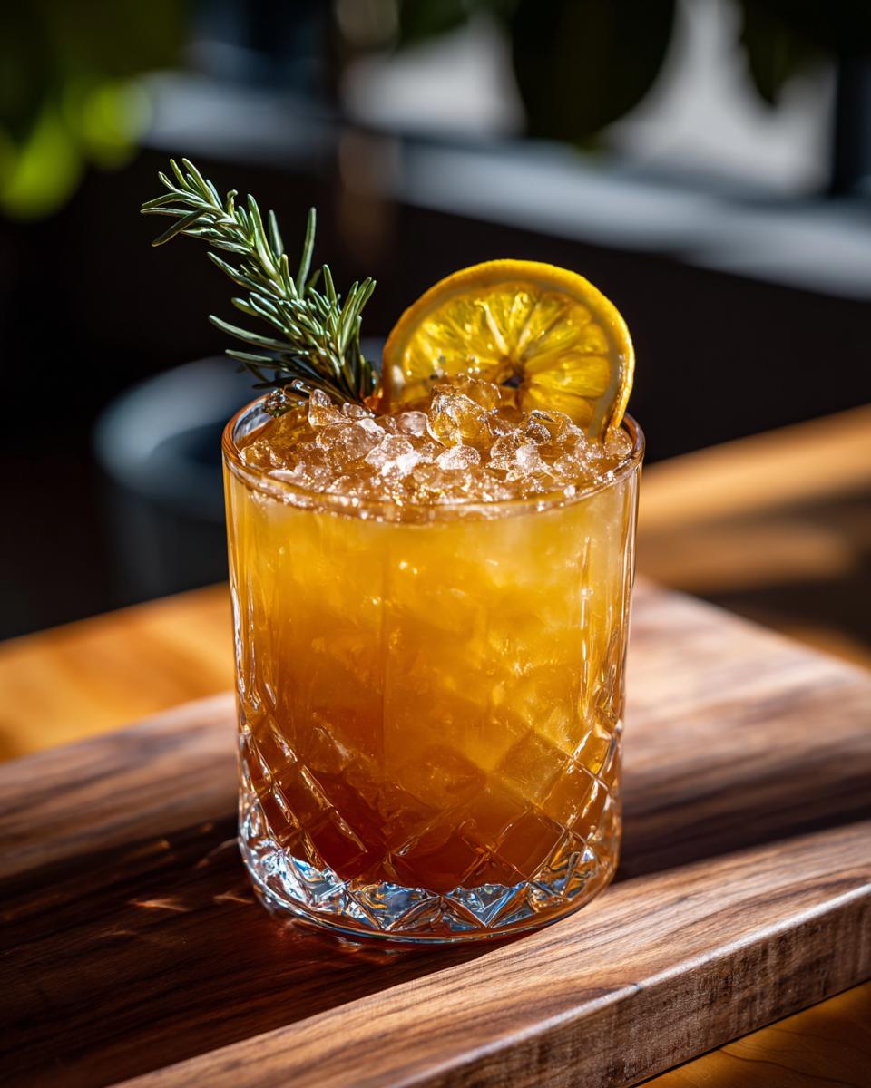 A refreshing amber-colored cocktail with crushed ice, garnished with a slice of orange and rosemary, perfect for Best Cocktails Super Bowl 2024.