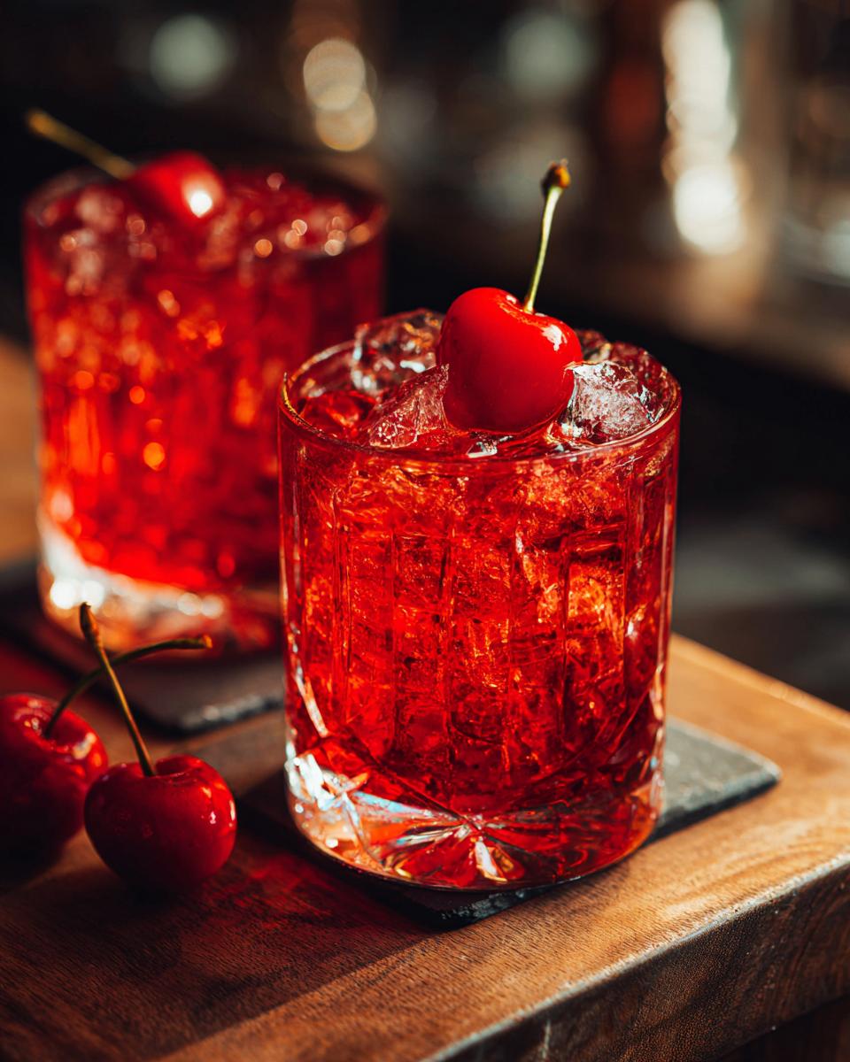 Close-up of a vibrant red cocktail garnished with a cherry, perfect for Best Cocktails Super Bowl 2024.