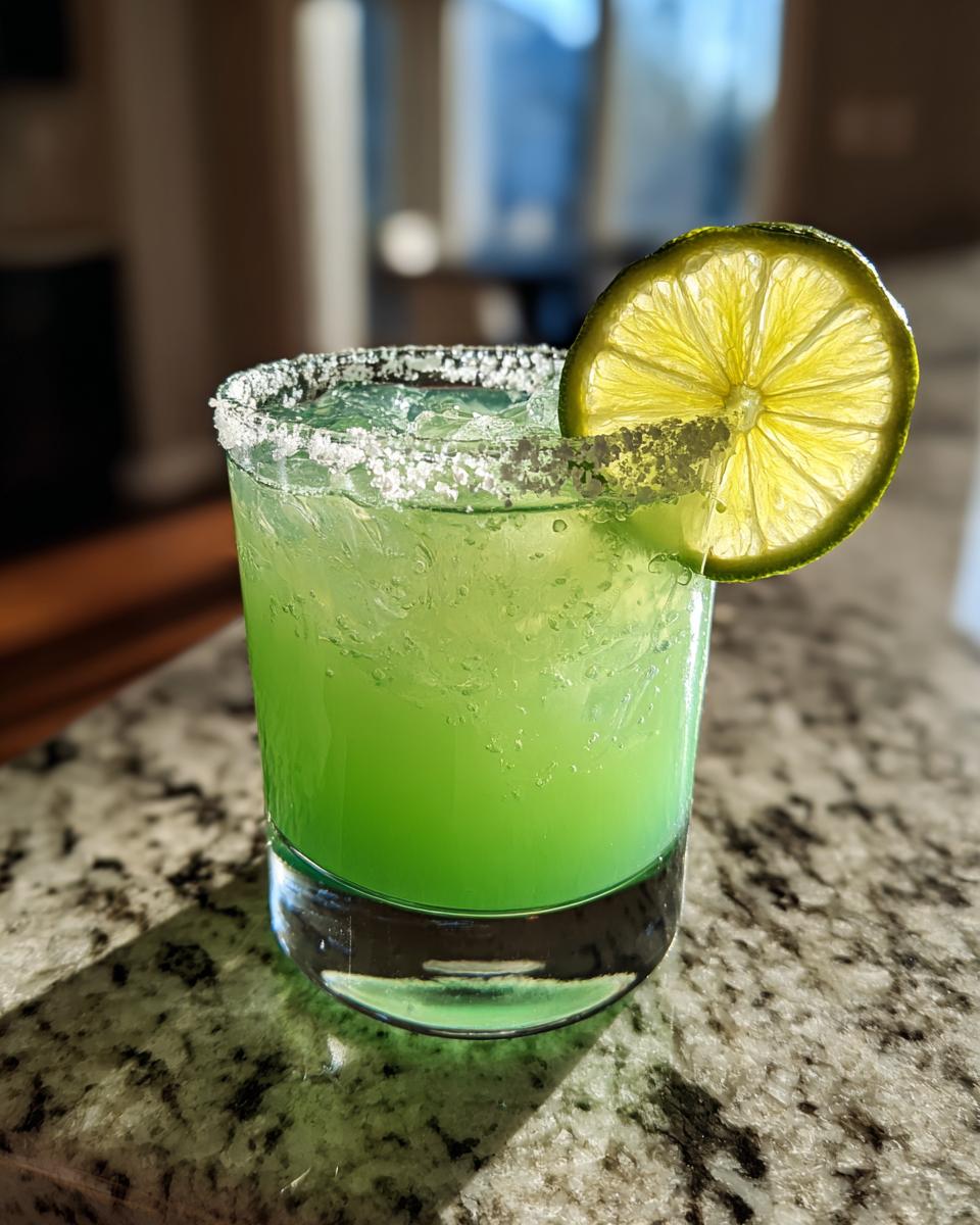 A vibrant green margarita cocktail in a glass, garnished with a lime slice and a salt rim. This is one of the best Cointreau cocktails.