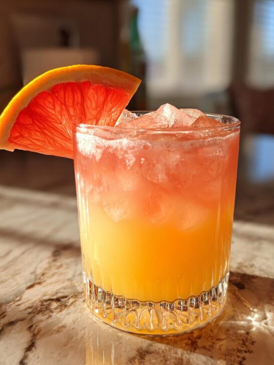 A refreshing cocktail made with best non alcoholic spirits, featuring layers of orange and pink hues, topped with ice and a grapefruit slice.