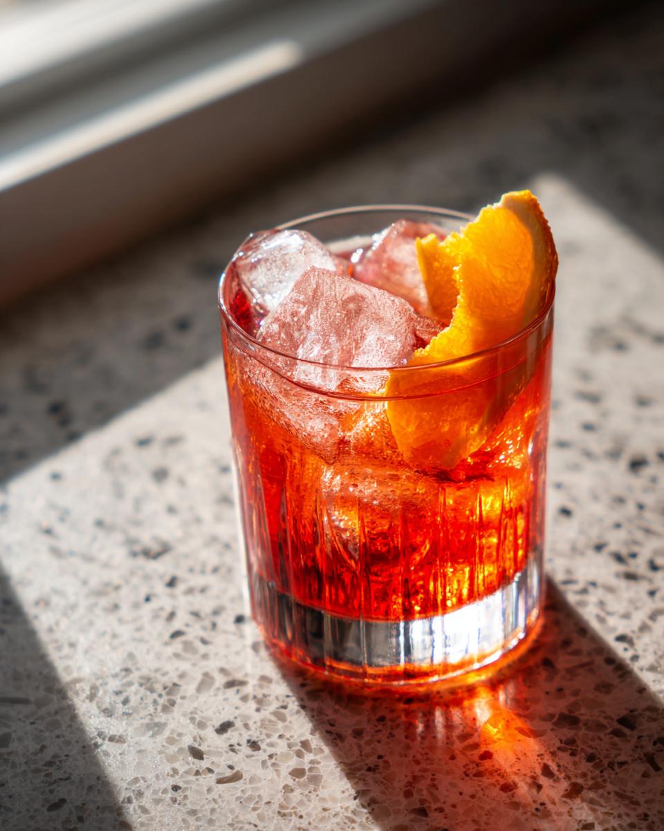 A vibrant red non-alcoholic spirit cocktail with ice and an orange peel garnish, perfect for the best non alcoholic spirits.