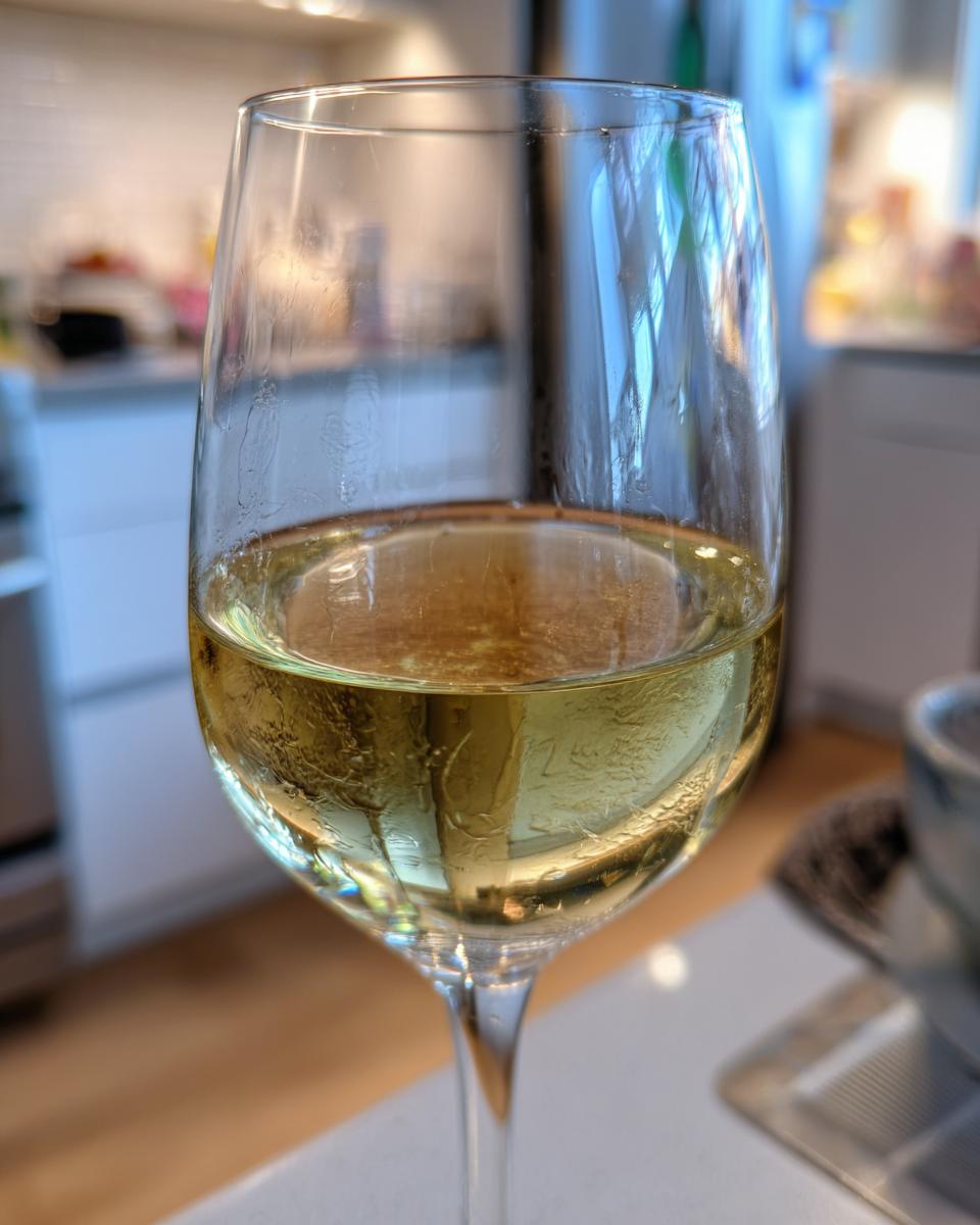 A close-up of a glass filled with golden nonalcoholic white wine, showing condensation on the glass.