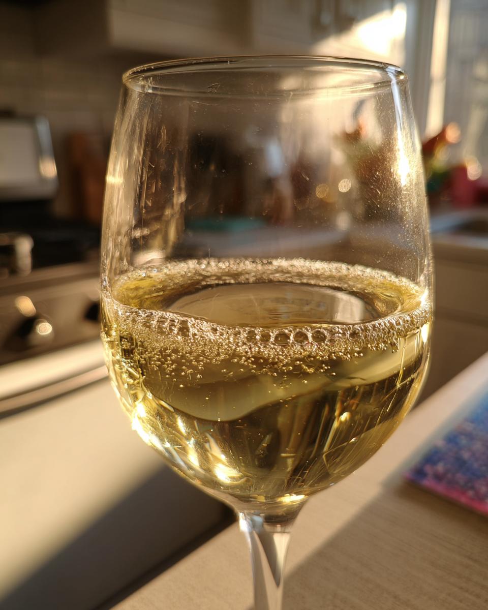 Close-up of a glass filled with golden nonalcoholic white wine, showing subtle bubbles and light reflections.