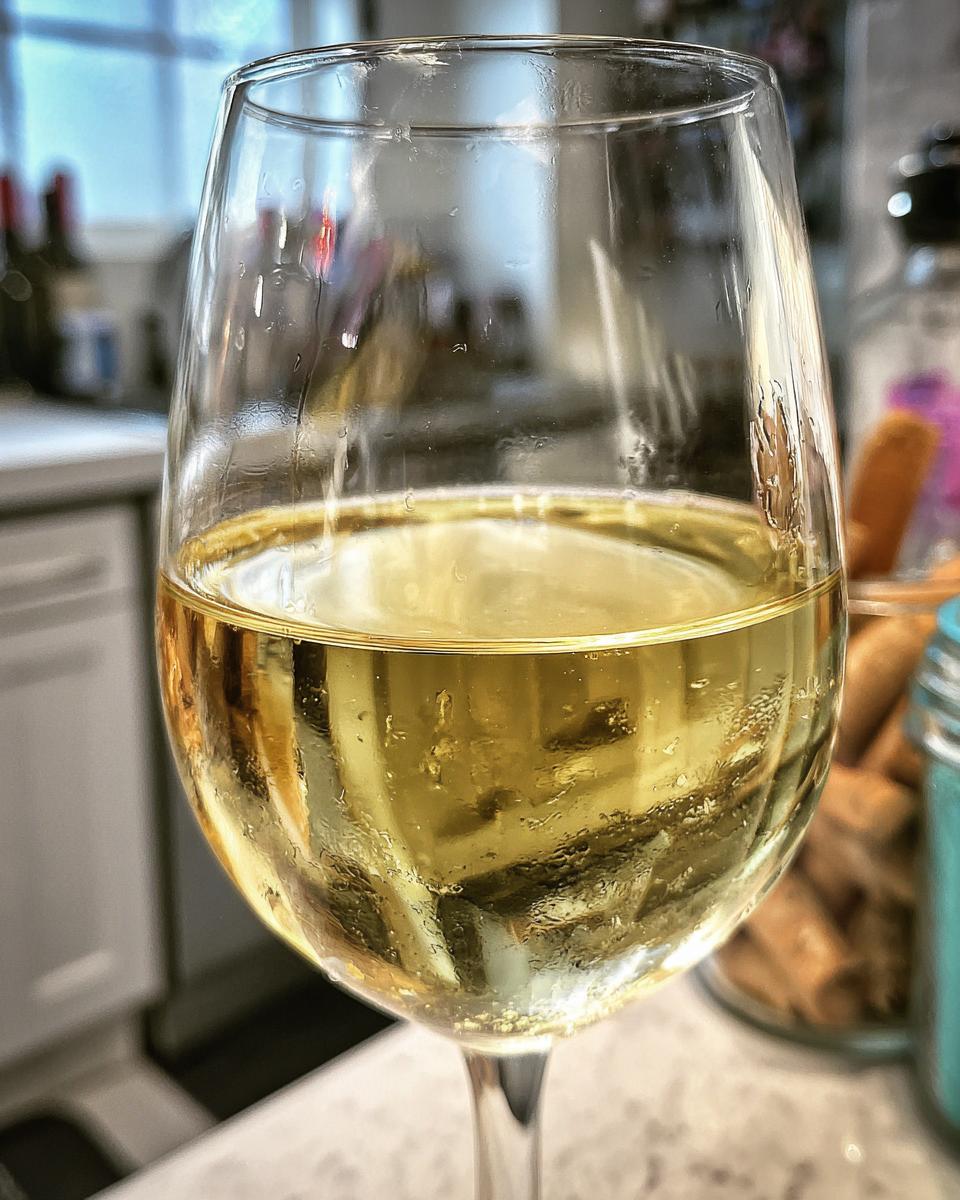 Close-up of a glass filled with golden nonalcoholic white wine, showing condensation on the glass.