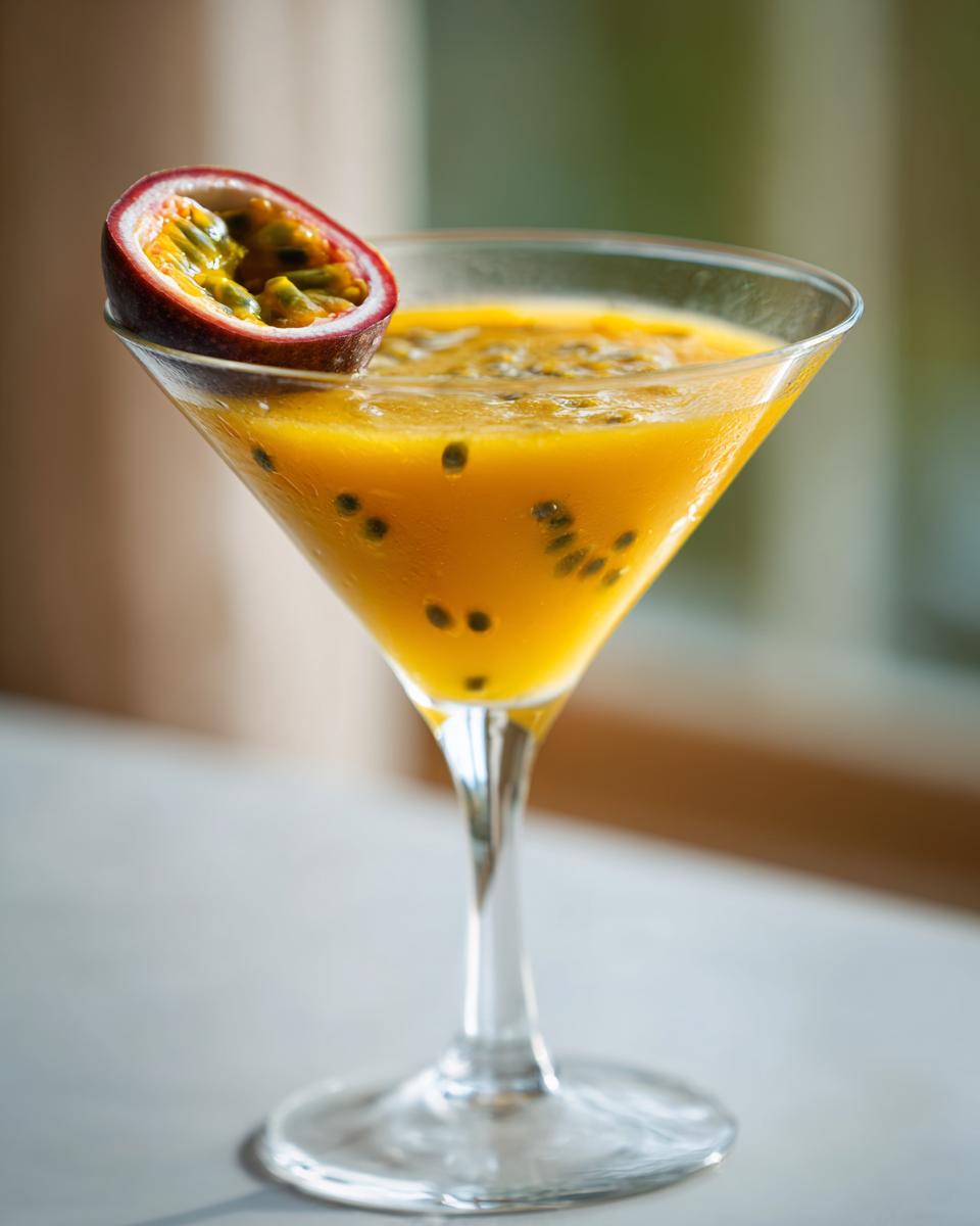A vibrant yellow passion fruit cocktail in a martini glass, garnished with a passion fruit half. One of the best passion fruit cocktails.