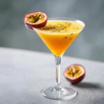 A vibrant orange passion fruit cocktail in a martini glass, garnished with a passion fruit half. Best Passion Fruit Cocktails.