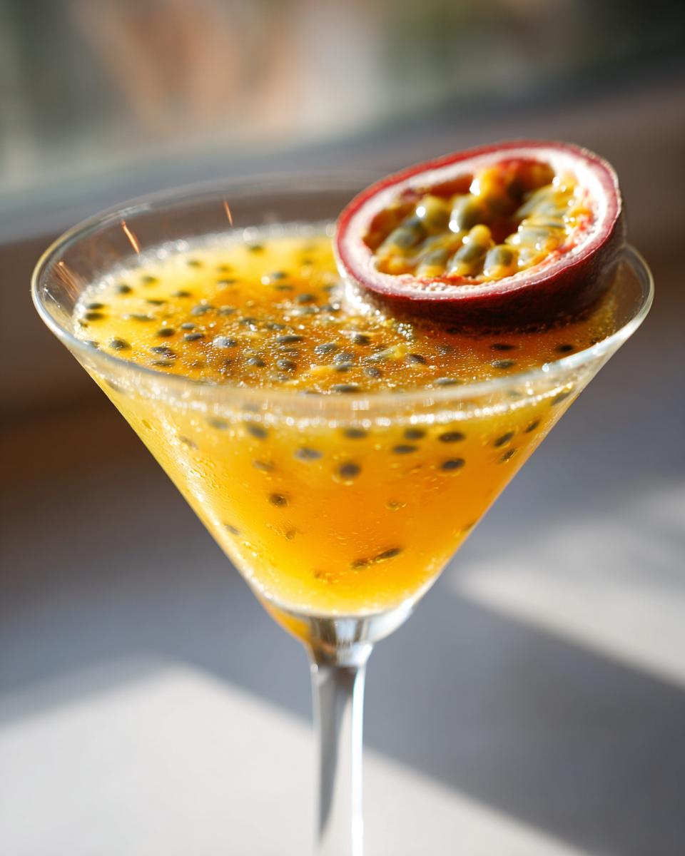 A refreshing passion fruit cocktail in a martini glass, garnished with a passion fruit half. Best Passion Fruit Cocktails.
