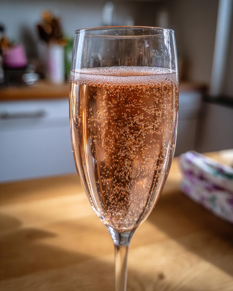 Close-up of a flute glass filled with Best Rose Champagne, showing effervescent bubbles rising.